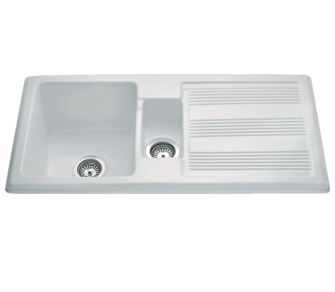 CDA KC24WH Ceramic Sink One and Half Bowl Traditional Style White